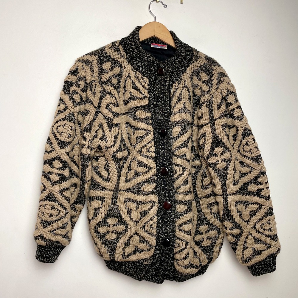 Vintage Geometric Chunky Knit Cardigan Sweater Jacket Medium 80s Eclectic Funky